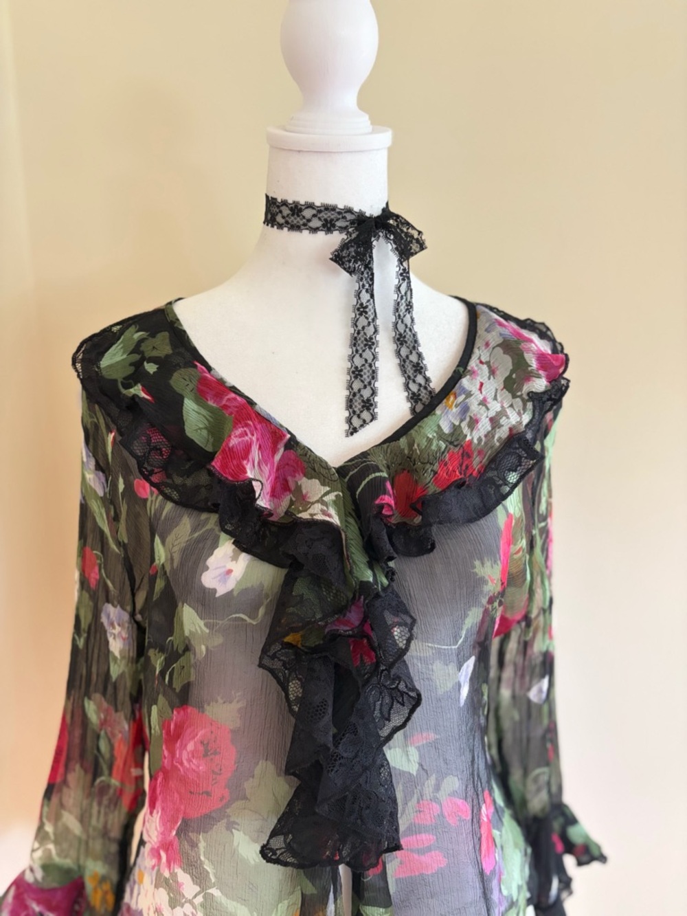 Vintage Y2K silk floral ruffle sheer black lace blouse fairy coquette whimsy M-L - Picture 5 of 12